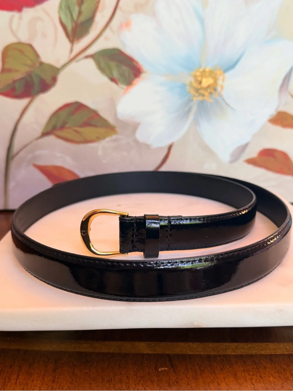 Lauren Ralph Lauren Black Patent Belt with Gold LRL Buckle, size Large (NWOT)